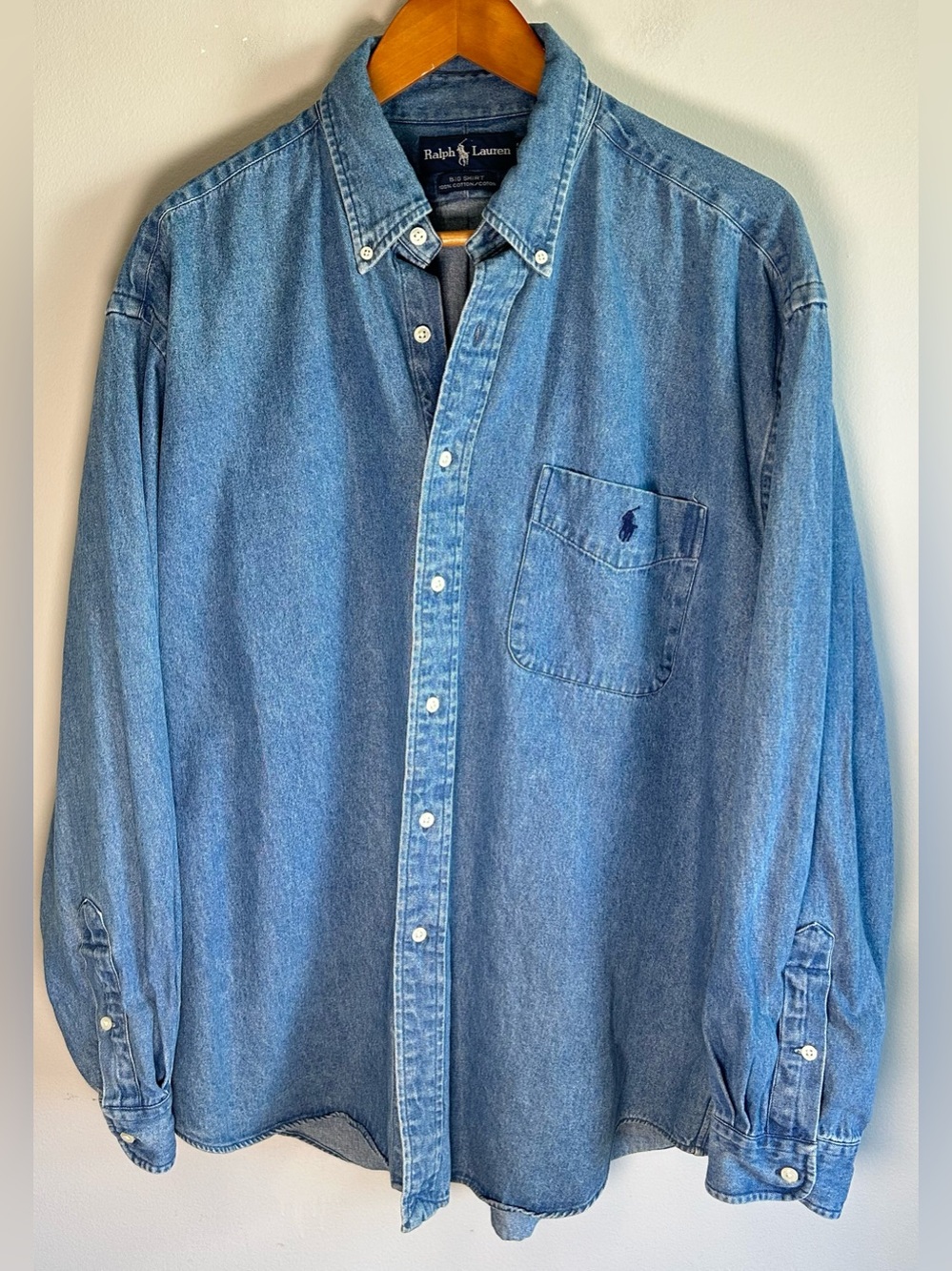 Vintage Ralph Lauren Men’s Denim Button Up Shirt Sz L 100% Cotton Big Shirt Logo